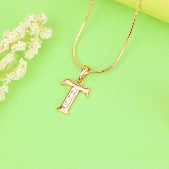 "Rose Gold Initial T Pendant with Crystals – Elegant Brass Jewelry, XPPT1369 - Picture 9 of 13